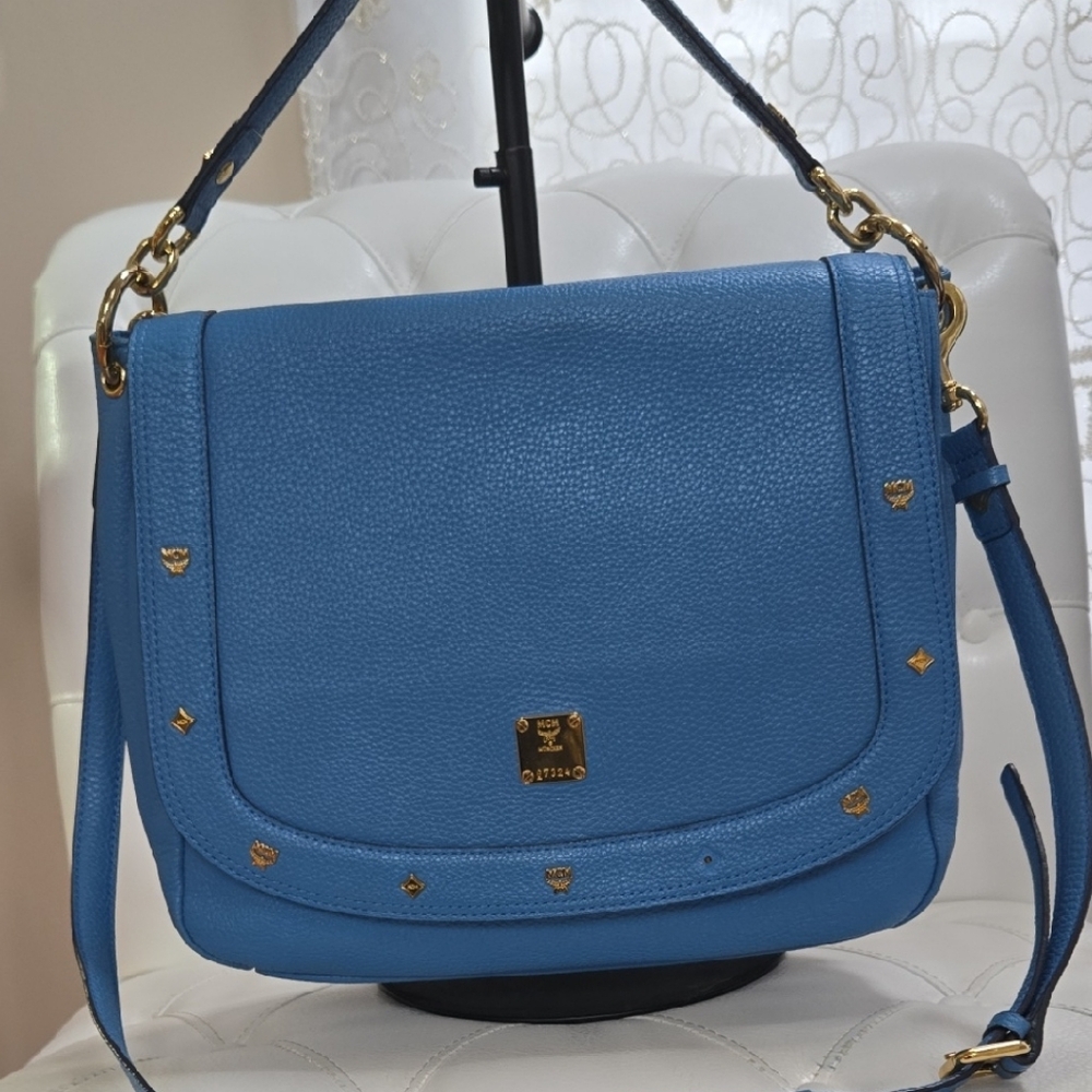 MCM Sky Blue Leather Shoulder Bag. Missing A Little Pices. See Picture Piz.